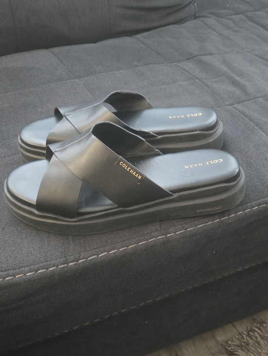 Cole Haan Shoes - Cole Haan Black Leather Crossover Slide Sandals with Gold Accents